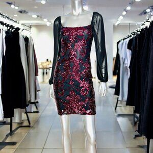 Jump Apparel Black Burgundy Damask Sequin Bodycon Mini Dress